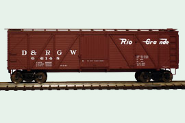 Типичный деревянный крытый вагон-«бокскар» железной дороги Denver and Rio Grande Western. Модель производства Gold Coast Railway. Фото с сайта фирмы. Раскраска соответствует 1951 году